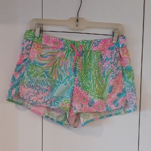 Lilly Pulitzer Pink and Green Athletic Shorts Vibrant Tropical Design